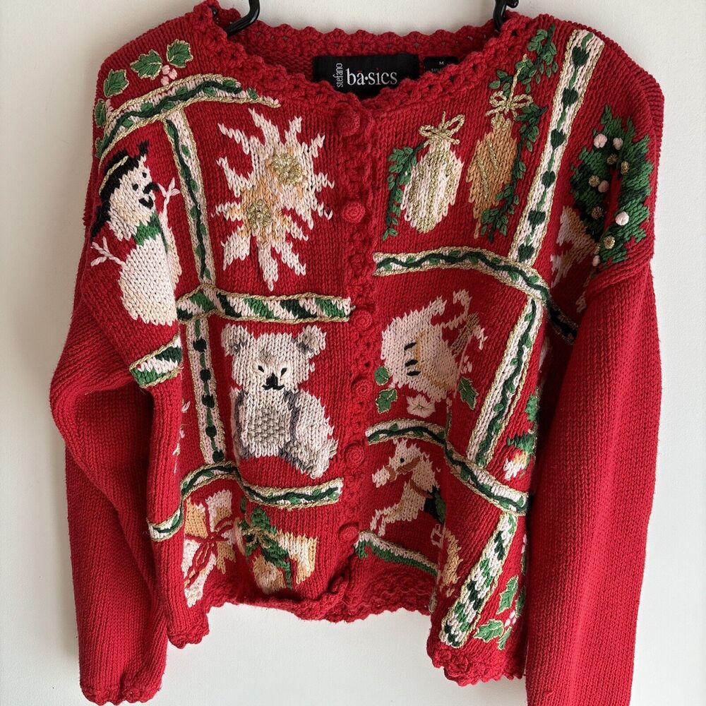 Stefano Basics Christmas Cardigan Sweater Women's Medium Ramie Grandmacore Vtg